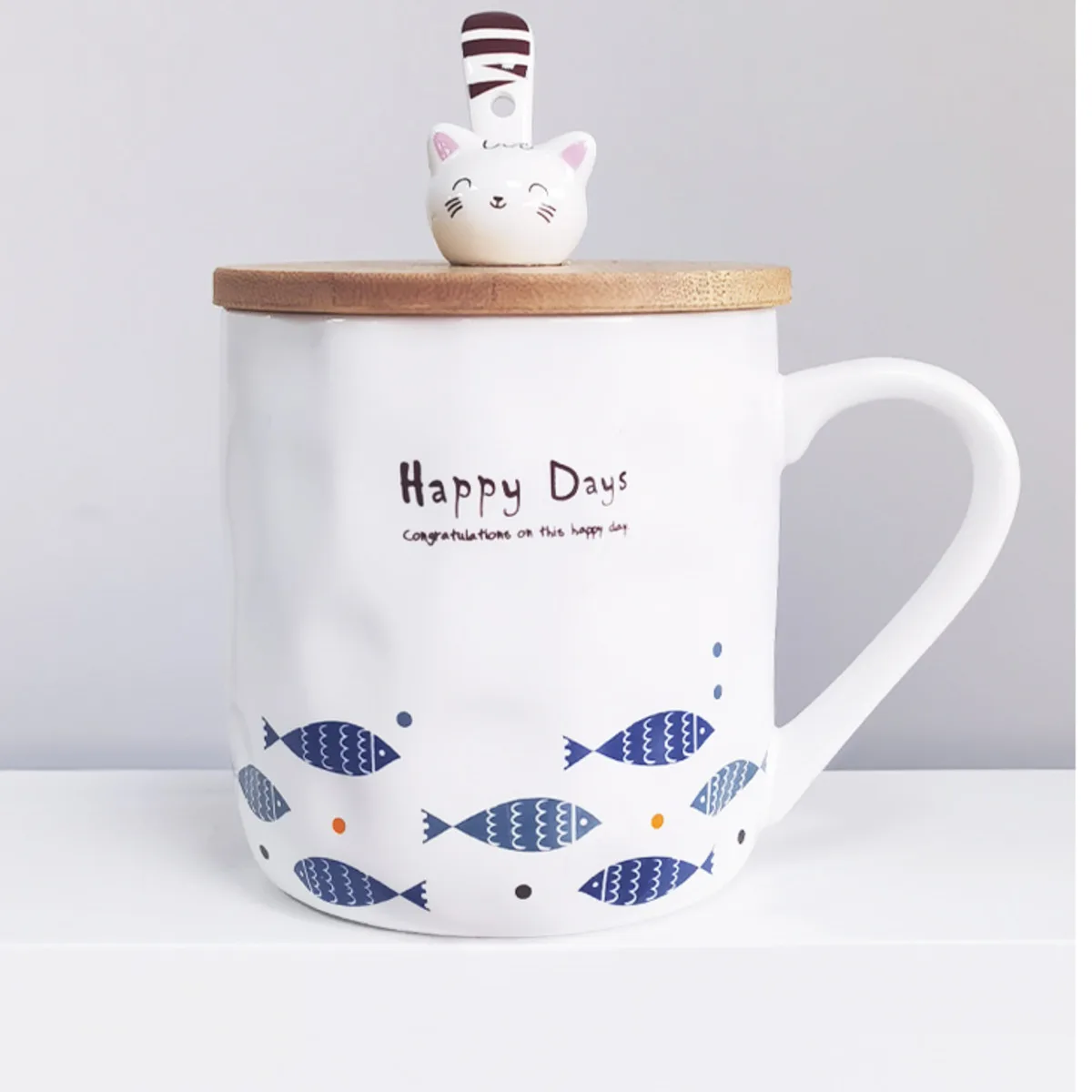 

Cute cartoon kitten Mimi blue white fish ceramic water mark cup wooden cover spoon milk breakfast gift sublimation blanks