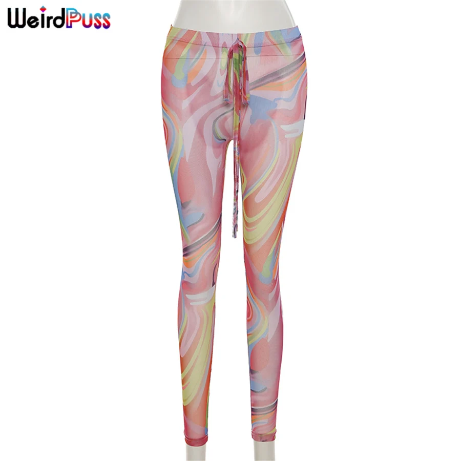

Weird Puss Colorful Mesh Sexy Women Pants Skinny Stretchy Sportwear Bandage Summer See Through Trend Streetwear Fitness Leggings