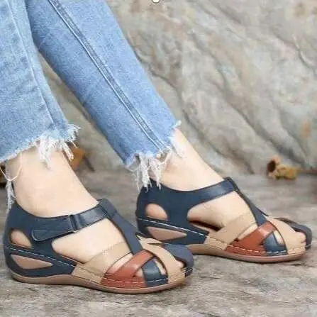 

2021 Sandals Comfort Shoes for Women Summer Heels Clogs Wedge Large Size Round Toe Cross New Girls Platform Big Retro Low Fashio