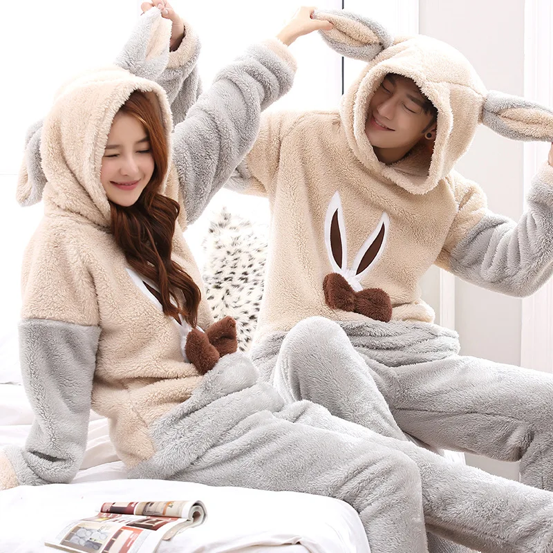Men's Winter Warmth Hood Home Service Suit Women Autumn And Winter Coral Velvet Thickening And Flannel Couple Pajamas