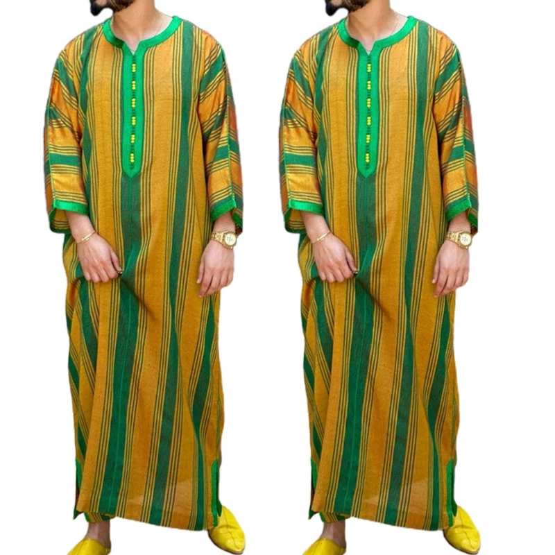 

Dubai Middle East Islamic Men Robes Breathable Polyester Robe Clothing Striped Robe Vintage Muslim Robes