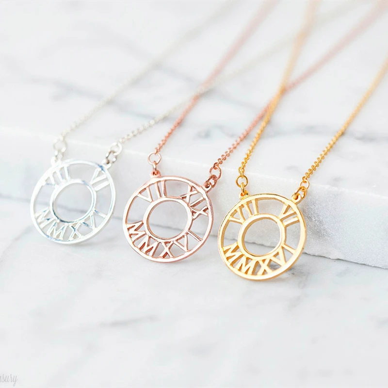 

Custom Roman Numeral Date Necklace Personalized Name Pendant Stainless Steel Chain Circle Necklace Jewelry Anniversary Gifts