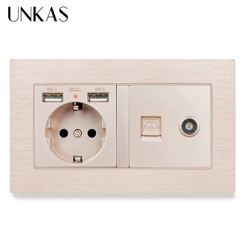 UNKAS Алюминий Панель Европейская Сетевая розетка с двумя портами USB зарядка Порты
