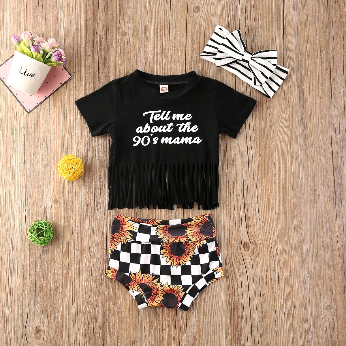 

AA Summer Newborn Girls Clothes Sets Letter Print Short Sleeve T Shirts Tops+Sunflower Shorts Headband Black Infant Clothing