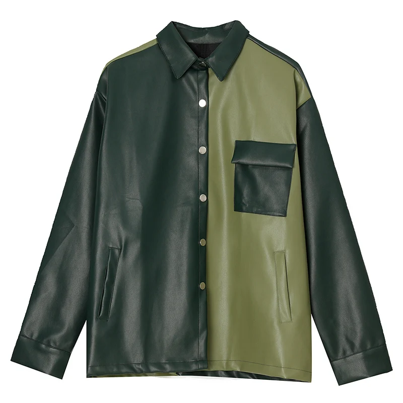 

IEFB Men's Clothing 2021 Spring Autumn New PU Leather Jackets Design Contrast Color Patchwork Vintage Green Oversize Coat 9Y7306