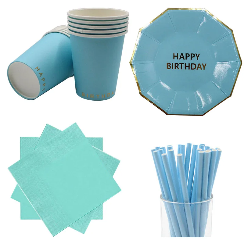 Однотонные синие бумажные тарелки и стаканы с днем рождения украшение для