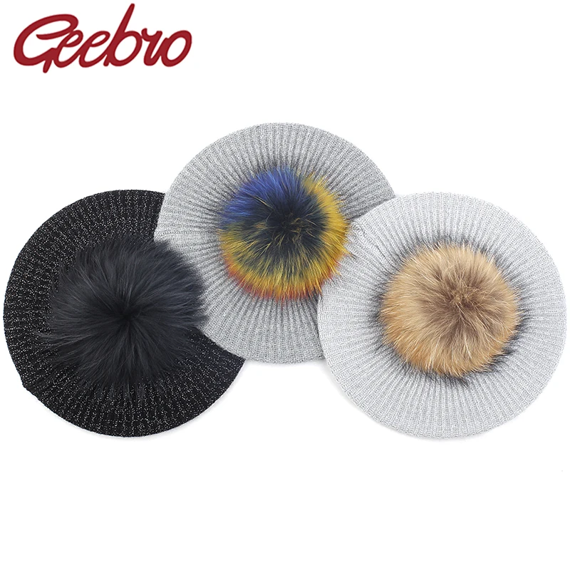 Geebro Women Cashmere Berets With 15cm Real Fur pompom Hats Winter Warm French Artist Fashion Caps Solid Color Soft New Bonnet