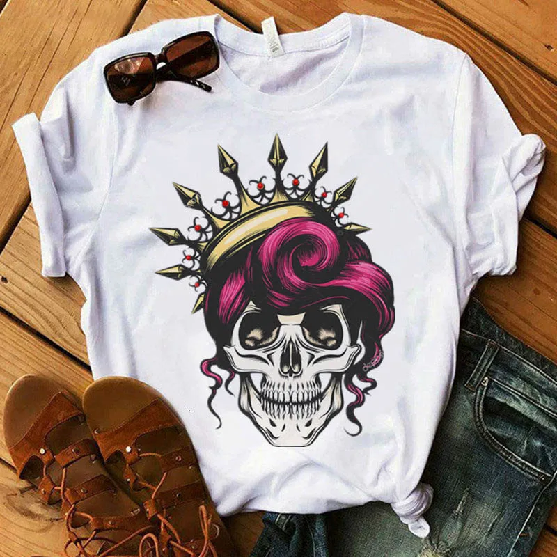 

Women T-shirt summer skull print Funny Short Sleeve Tshirt Female Clothes women Fashion 90s Casual White Ladies T shirts Tops