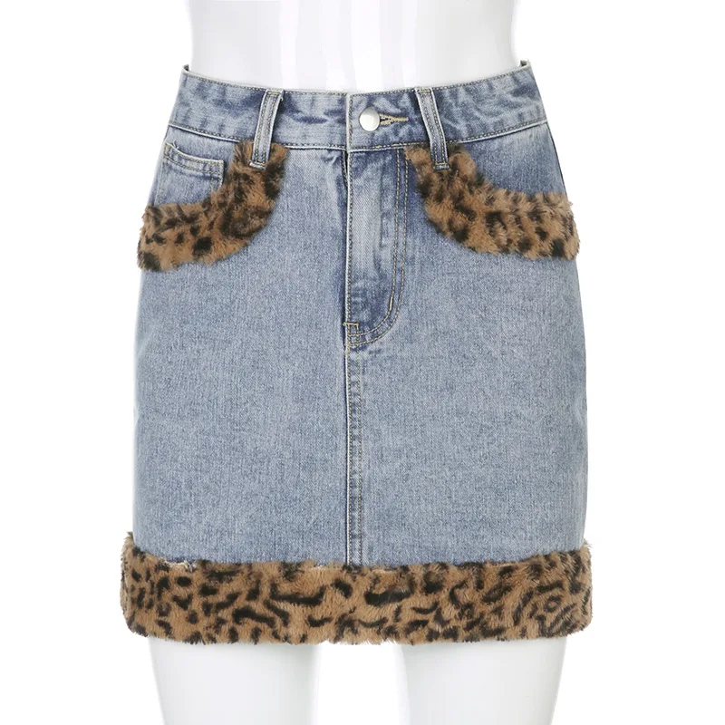 

Y2K High Waist Leopard Fur Patchwork Denim Skirt Women 90S Vintage Sexy Bodycon Skinny Pencil Mini Skirt Elegant Clothing Jeans