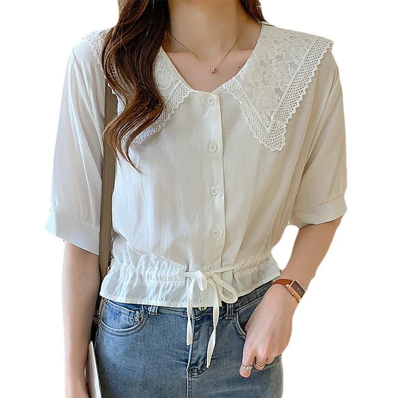 

2021 summer new temperament slim slimming lace stitching chiffon shirt fashion all-match top women