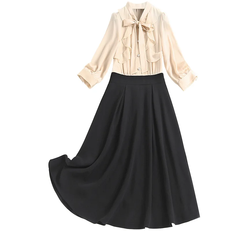 

Women office lady patchwork dress spring summer 2021 fashion ruffles front bow collar 3/4 sleeve elegant a-line dresses