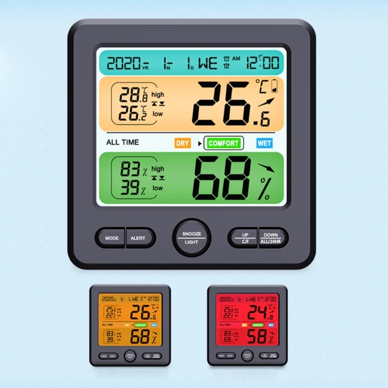 

Indoor Thermometer Alarm Clock Wall-hanging Temperature Humidity High/Low Alert Y4QC