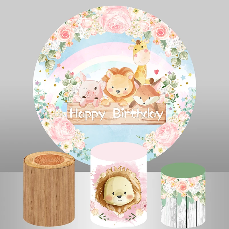 

Woodland Party Background for Baby Shower First Birthday Party Decor Dessert Table Banner Flower Animals Circle Round Backdrop