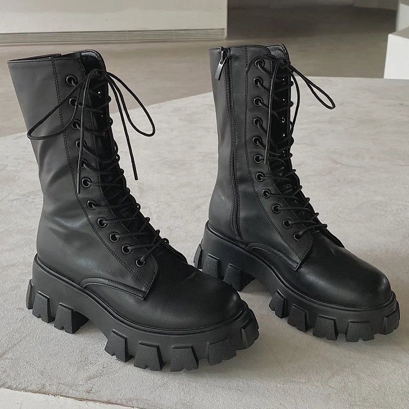 

2021 New Platform Mid Calf Boots Women Autumn Winter Fashion Martin Boots Female Thick Bottom PU Leather Flat Shoes Botas Mujer