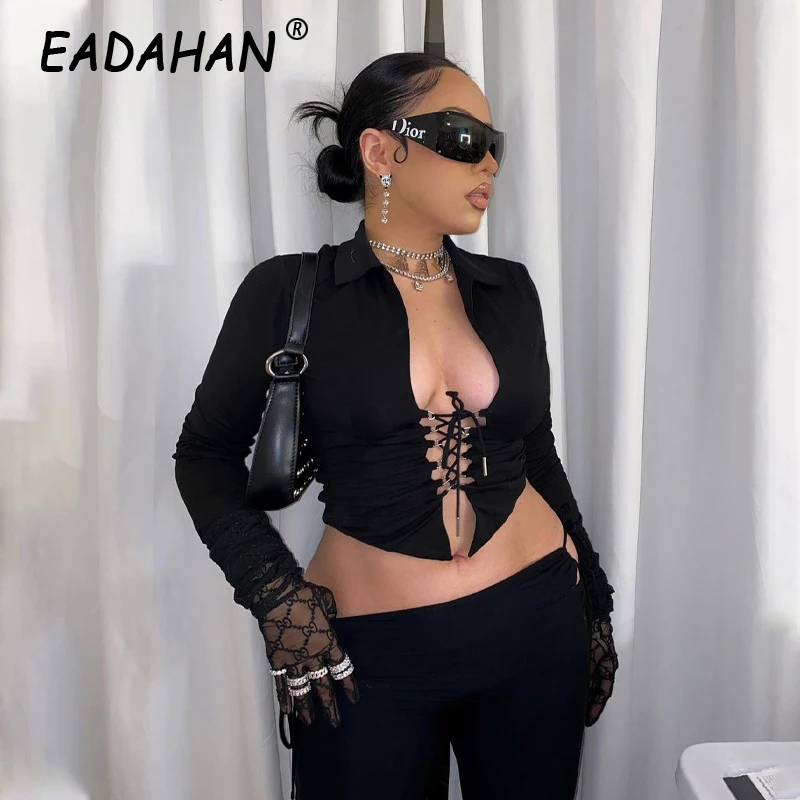 

Женская одежда EADAHAN в европейском и американском стиле новинка 2021 пикантная модная двойная футболка с длинными рукавами и отложным воротни...