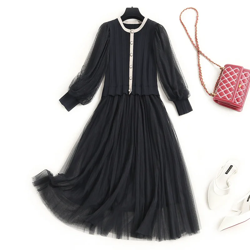 

Boutique Lantern Sleeve Small Fragrant Wind Dress 2021 Spring New Product Knitting Splicing Mesh Long Skirt