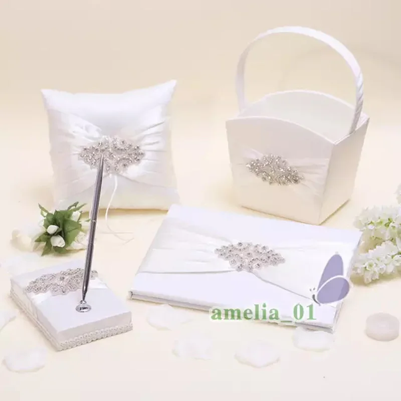 4Pcs/set Top quality Satin rhinestone Wedding Decor Ring Pillow Flower Basket Garter Guest Book Pen Set bride Products Supplies