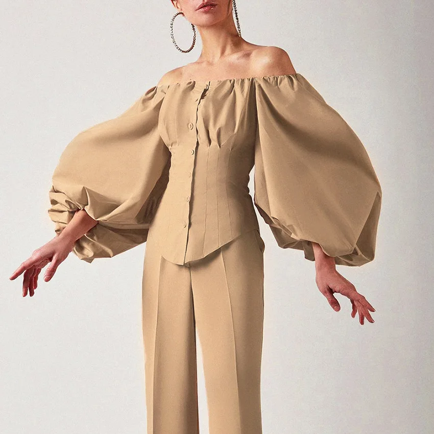 

French Style 2021 Spring New Long Sleeve Lantern Sleeve Off Shoulder Shirt Solid Color Women's Khaki Blouse Cropped Top