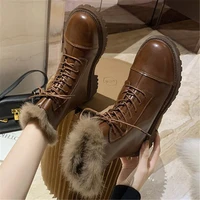 new winter warm women motorcycle back zip ankle boots female square heel lace up platform leather cotton shoes botas mujer black