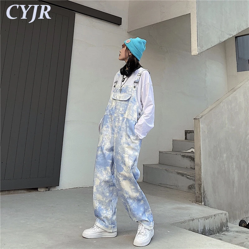 

Korean Autumn New Harajuku Street Tooling Style Casual Cargo Overalls High Waist Loose Trousers Tie Dye Straight Harem Rompers