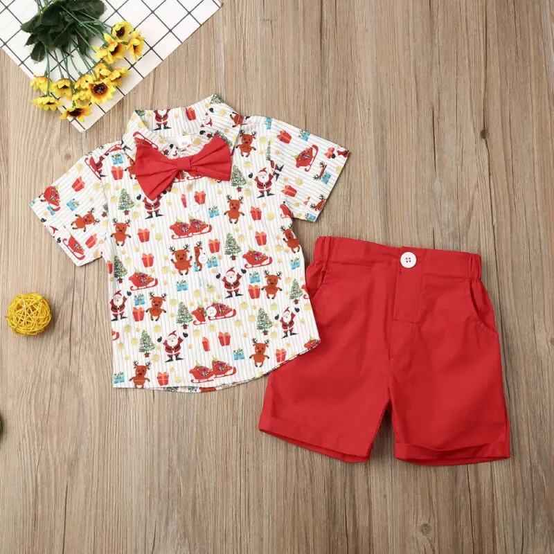 Рождественский комплект одежды для мальчиков красный джентльменский топ с