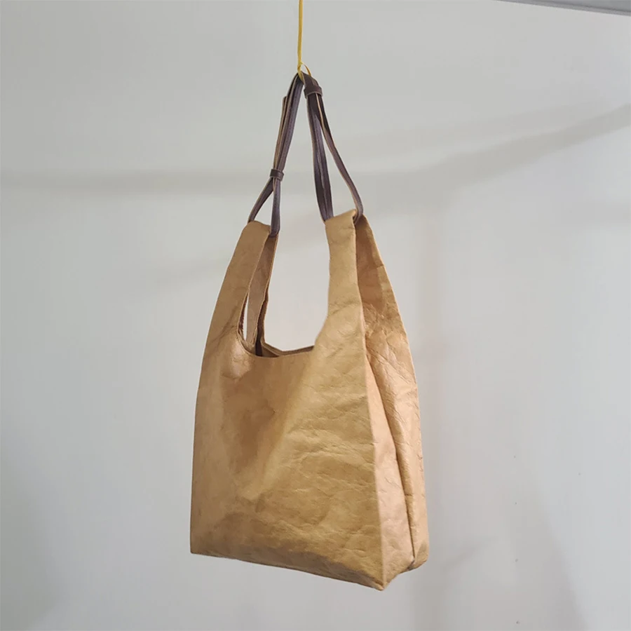 

Casual Waterproof DuPont Paper Women Handbag Simple Kraft Paper Shopper Bags for Women 2021 Big Purse Shoulder Bag Purse Female