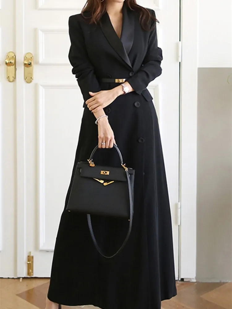 Женский Повседневный двубортный тренчкот простой классический черный с