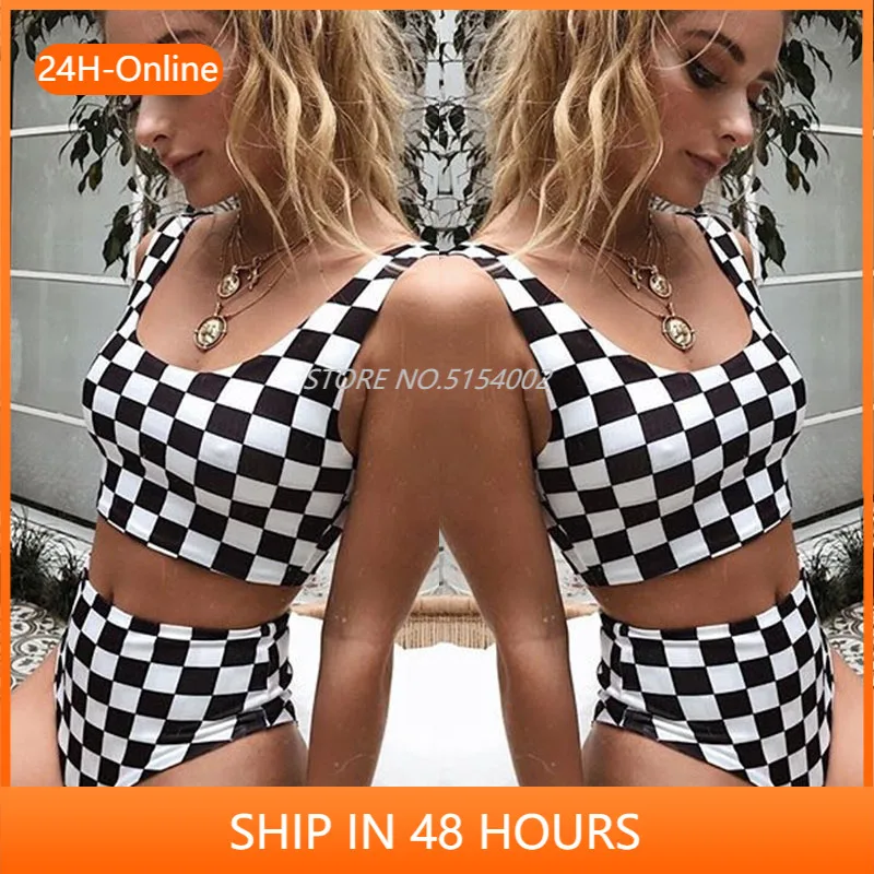 Купальник с завышенной талией Женский клетчатый купальный костюм