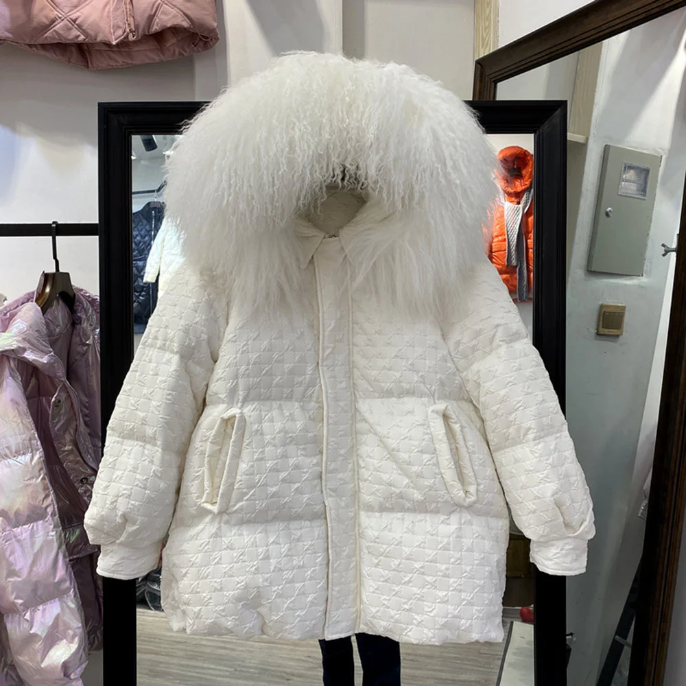 

2021 Fashion Winter Real Lamb Fur Collar 90% Down Jacket Women's Warm Down Coat Korean Loose Thickening Warm Overcoats Female