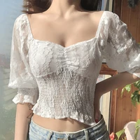 2021 new summer casual lace slim white t shirt women half sleeve v neck sexy clothing y2k lady fashion street short top