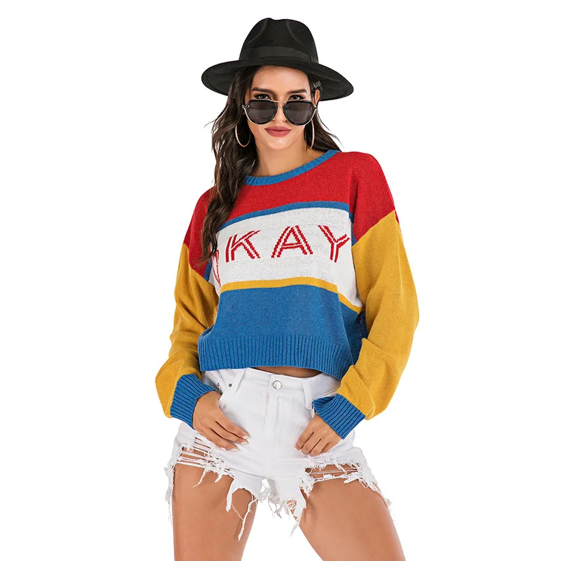 Женский трикотажный пуловер с круглым вырезом и надписью свободный свитер