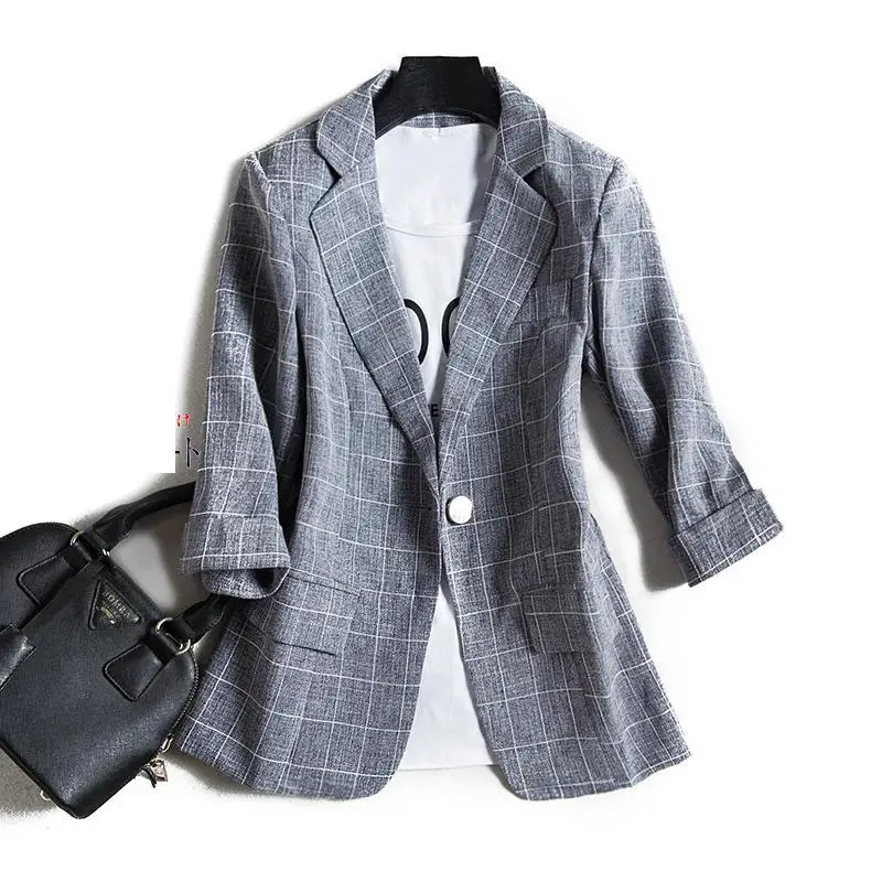 

Spring Fashion Women Autumn Coat Seven Sleeve Plaid Suit Jacket Notched Pink Blue Blazer Feminino Designer Coats