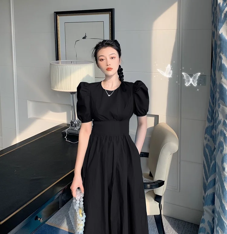 

Платье во французском стиле Хепберн с пышными рукавами, Новинка лета 2021, облегающее нежное черное платье средней длины с поясом