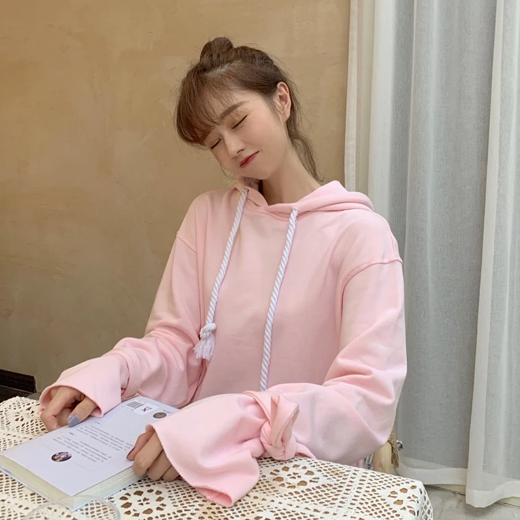 

oversize Hoodies loose spring fall Women Clothing short tops fashion brand hooded casual Korean pink flare sleeve Sweatshirts