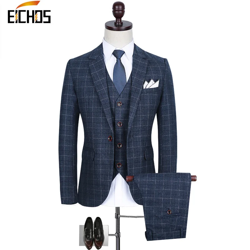 Новый мужской Клетчатый деловой костюм для мужчин Классический тройка деловые