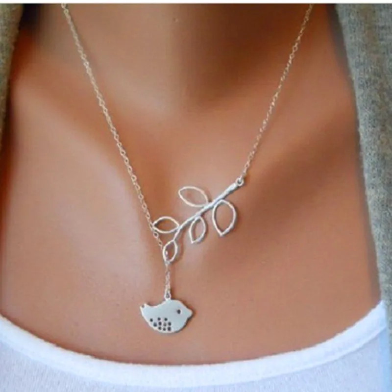 hot fashion casual personality brand leaf bird lariat necklaces pendants bar simple leaf bird choker necklaces for women free global shipping