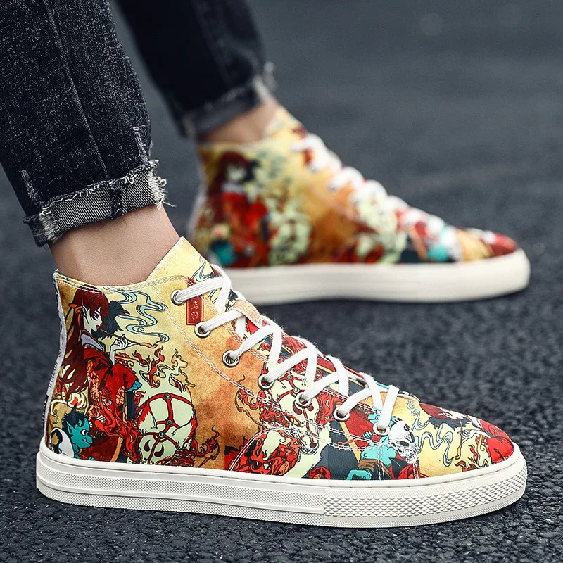 2020 Fashion Cartoon Painting High Skateboard Shoes Men Satin Breathable High top Sneakers Men Sport Shoes zapatillas de deporte