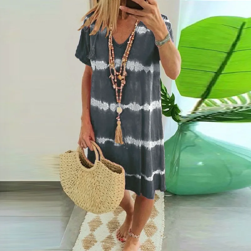 Женское платье в полоску с V-образным вырезом и коротким рукавом принтом тай-Дай