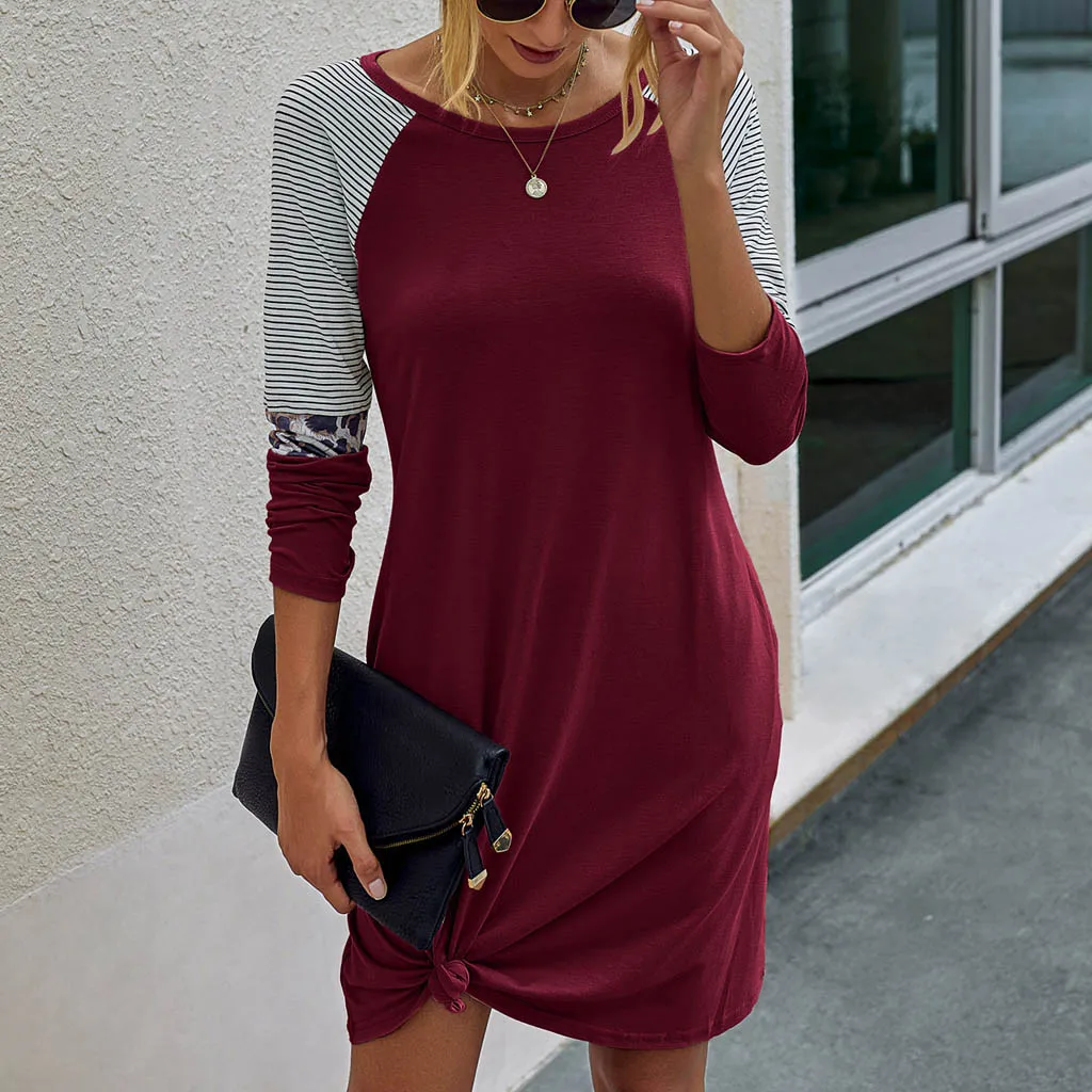 Женское платье в полоску с длинным рукавом и карманами до колена|Женские платья| |