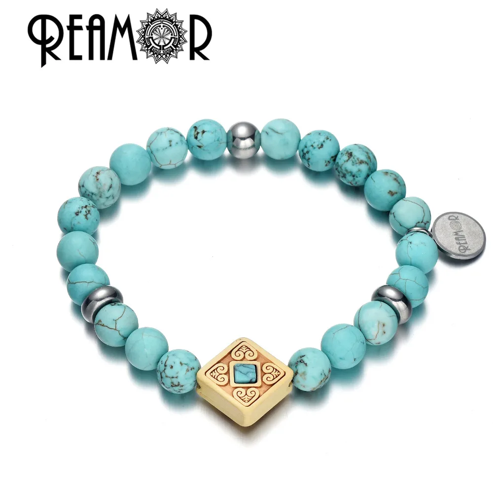 YSBK001 e REAMOR натуральная бирюза этнический браслет из деревянных бусин homme Модные Браслеты Мужчины/Женщины браслет ювелирные изделия подарок - Окраска металла: YSBK001 e