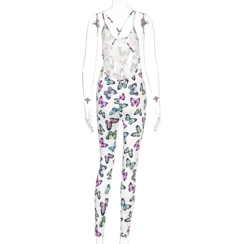 

Jocecat Cross Backless Sexy Workout Jumpsuit Women Activewear Butterfly Print Body Mujer Rompers Fitness One Piece Tracksuit