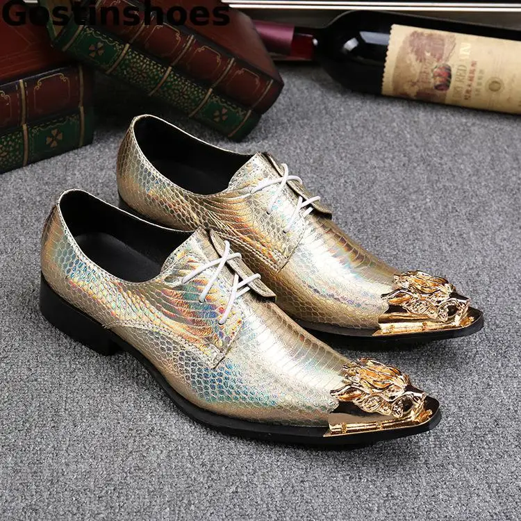 Golden Genuine Leather Men Shoes Snakeskin Printed Fashion Casual Business Party Wedding Leisure Oxfords | Обувь