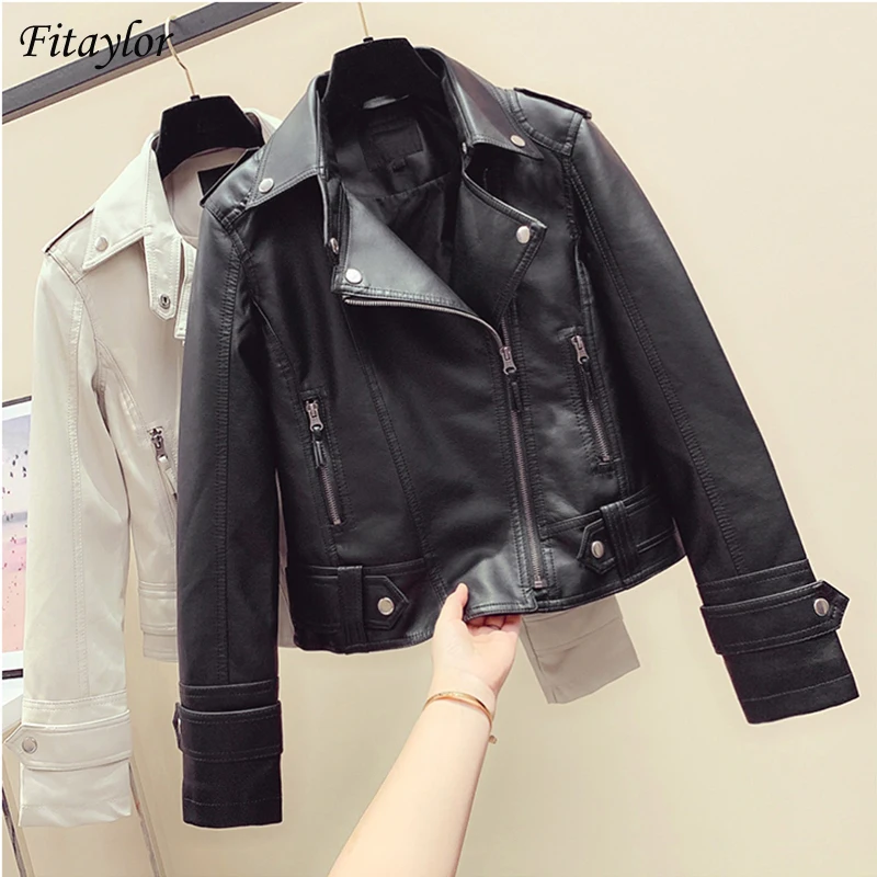 

Fitaylor 2022 Spring Autumn Short Faux Leather Jacket Women Pu High Street Turn-down Collar Windproof Basic Moto Bike Coats