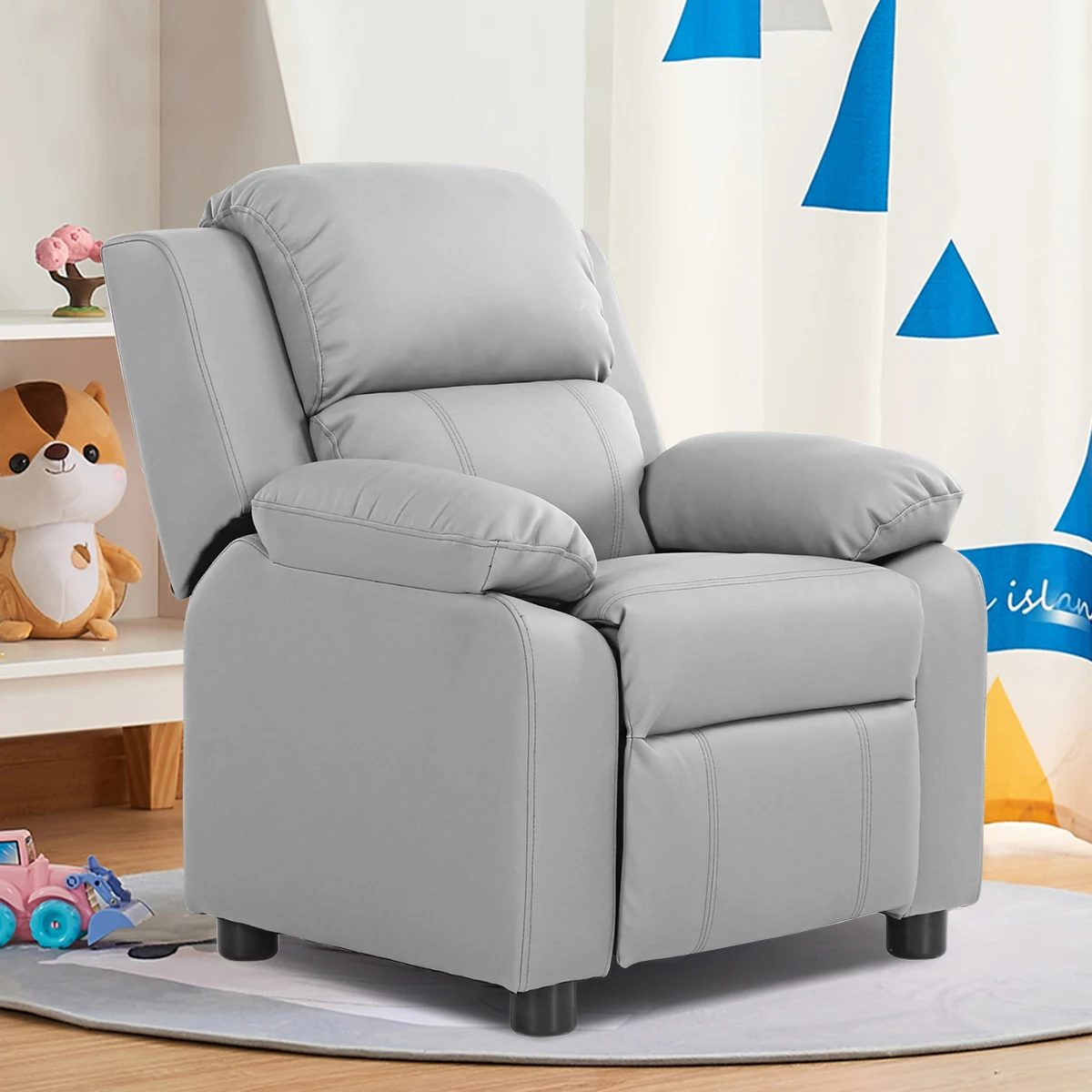 Gray Deluxe Padded Kids Sofa Armchair Recliner Headrest Children w/Arms