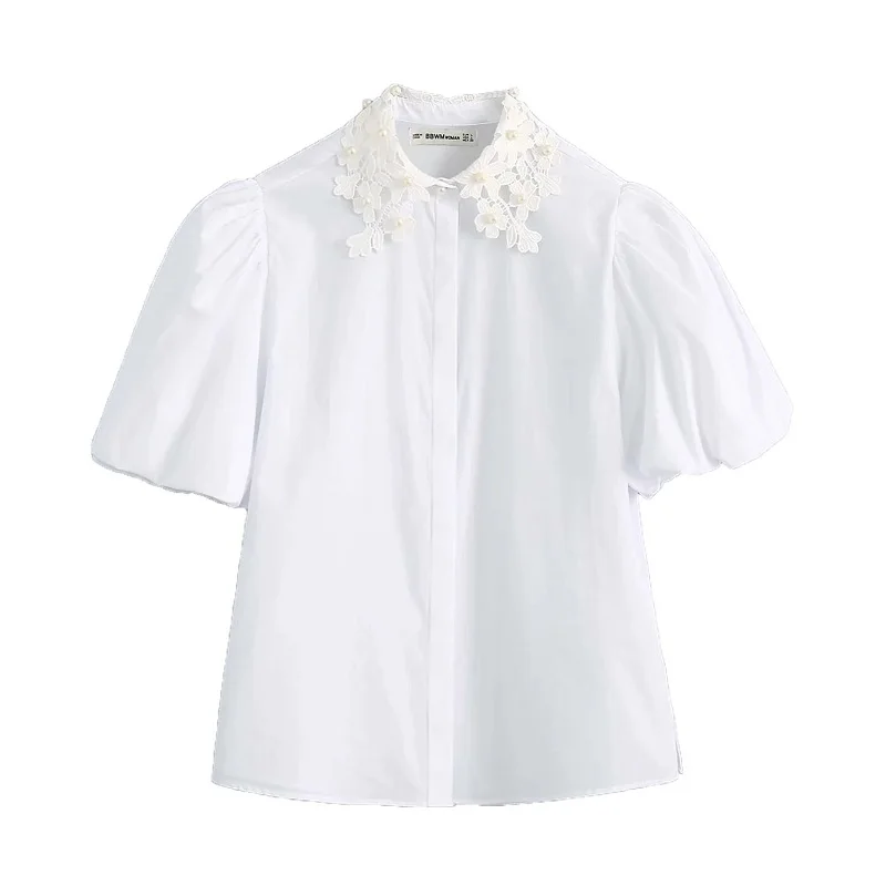 

2020 Women Sweet Fashion Faux Pearl Beading Decoration Blouses Vintage Lapel Collar Puff Sleeve Shirts Girls Casual Chic Tops