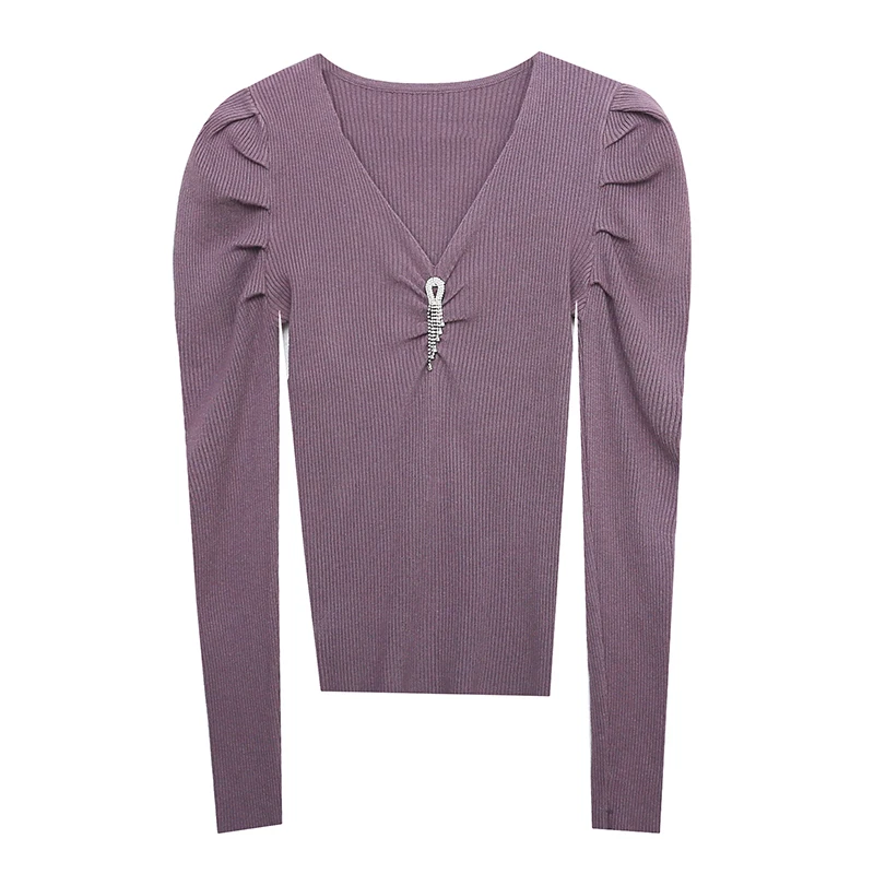 

Puff Sleeve Top Female New 2020 Fall Winter Sweater Inside V-Neck Long Sleeve Shirt Small Unlined Upper Garment Knitting Cultiv