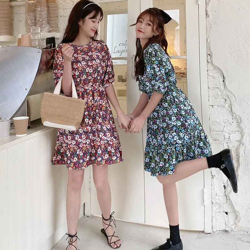 

Женские платья, летнее пляжное платье с цветочным принтом, модное элегантное платье с круглым вырезом и коротким рукавом