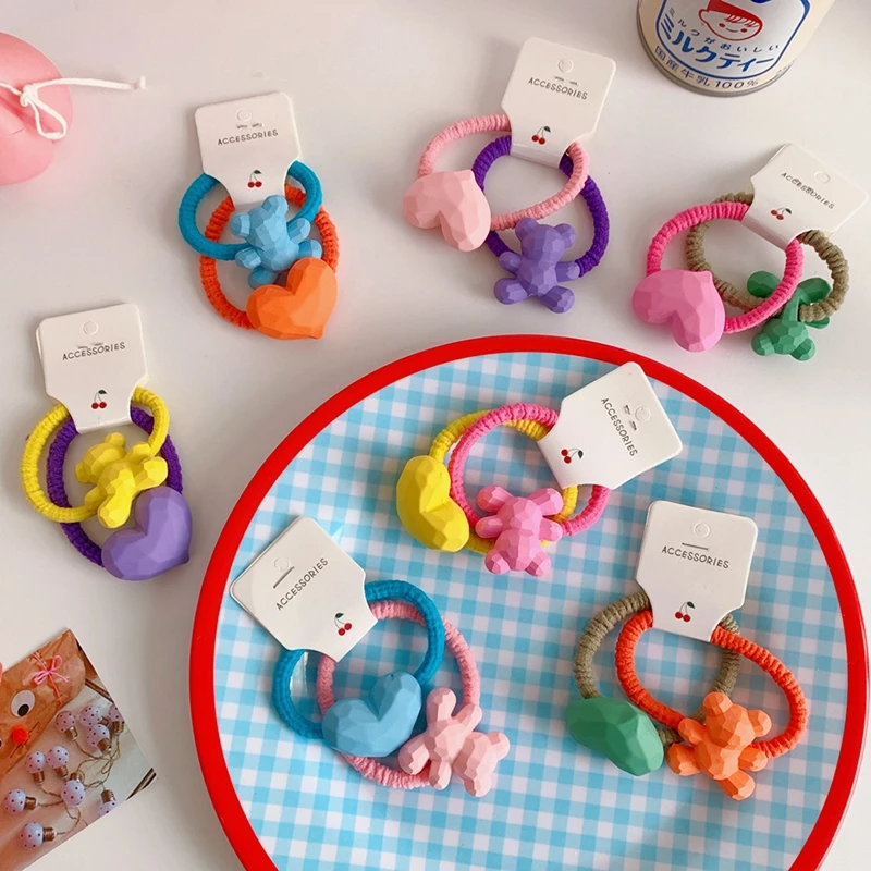 

2Pcs/lot New Colorful Cute Bear Heart Cartoon Headwear Kids Elastic Hair Bands Children Ropes Girls Accessories Baby Headdress