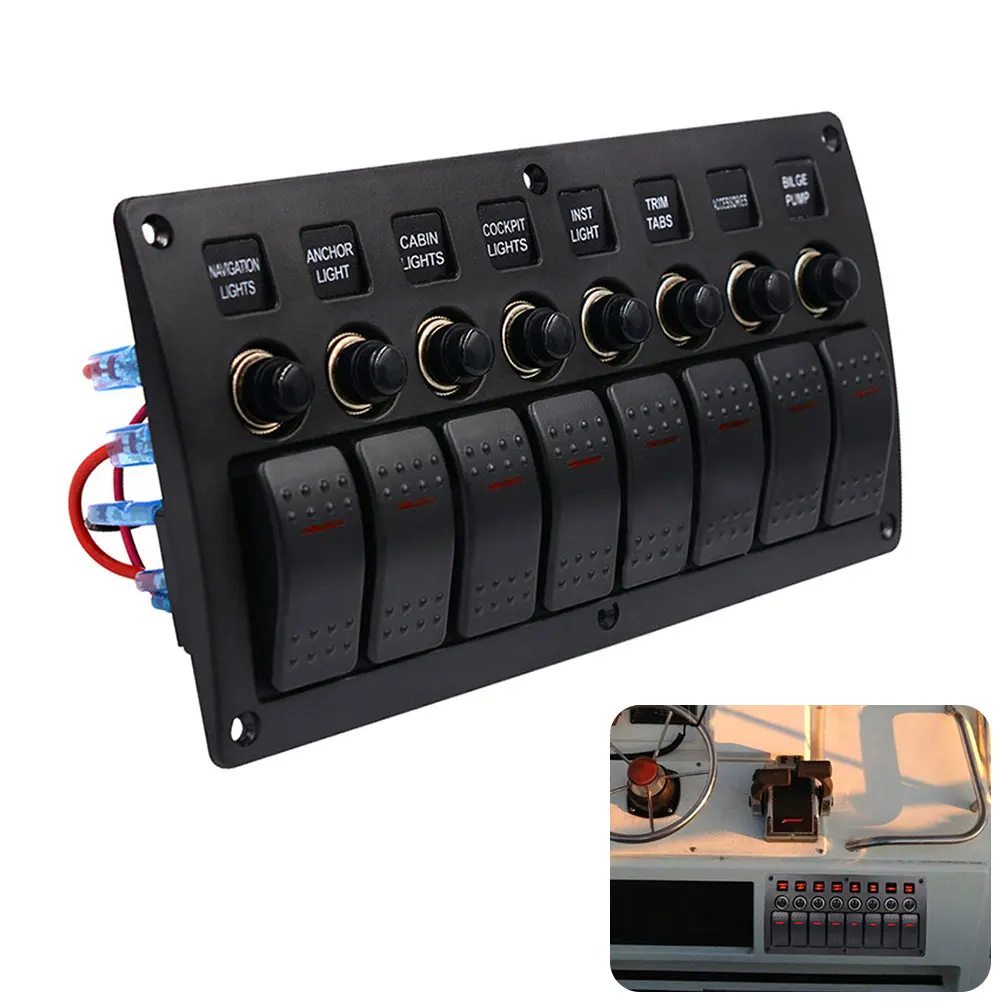 

Rocker Car Marine 3Pin 12V 24V Auto Circuit Breaker Yacht Switch Panel 8 Gang Waterproof LED Light Universal Boat