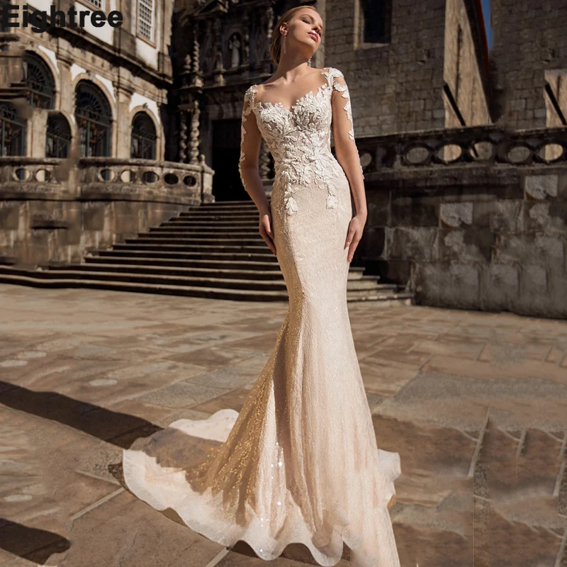 

Eightree Vintage Mermaid Wedding Dresses Backless Lace Appliques Country Wedding Gown Detachable Train Plus Size Bride Dress
